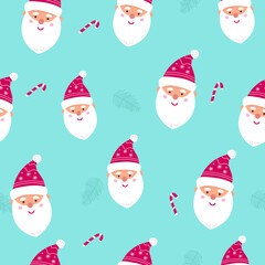 Seamless Christmas pattern with cartoon Santa Claus. Wrapping paper design. Perfect for holiday invitations, winter greeting cards, wallpaper and gift paper