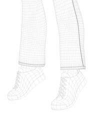 Wireframe of human legs in sneakers and pants from black lines isolated on white background. Side view. 3D. Vector illustration.
