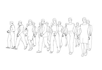 Outline of a crowd of walking people from black lines isolated on a white background. Vector illustration.