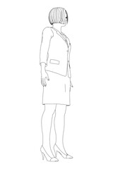 The contour of a woman in a suit with a skirt in high heel shoes stands from black lines isolated on a white background. Vector illustration.