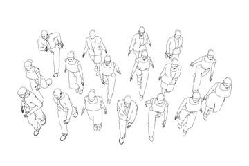 Outline of a crowd of walking people from black lines isolated on a white background. View from above. Vector illustration.