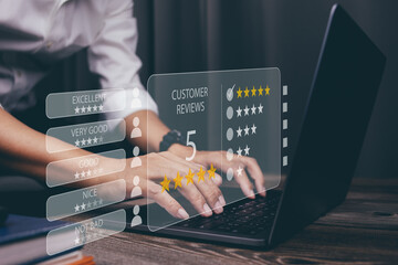 Customer review satisfaction feedback survey concept, User give rating 5 star to service experience...