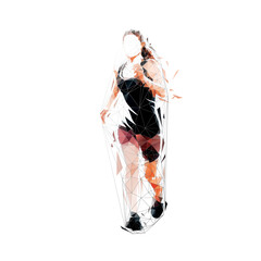 Obraz premium Run, running woman logo, low polygonal isolated vector illustration, front view. geometric drawing
