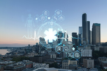 Seattle aerial skyline panorama of downtown skyscrapers at sunset, Washington USA. Health care digital medicine hologram. The concept of treatment and disease prevention
