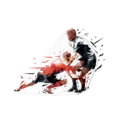 Rugby, two players in action, low polygonal isolated vector illustration, geometric drawing from triangles. Team sport athletes