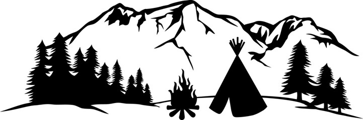 Native American wigwam (tepee) and mountain landscape png illustration © tribalium81