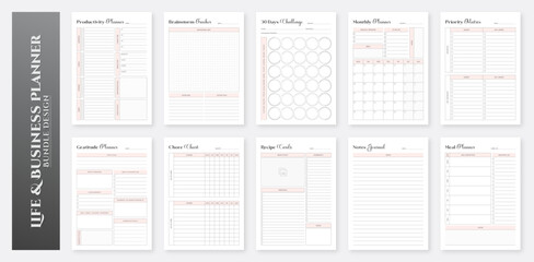 Life & Business Planner Templates Collection. Minimalist Planner Pages Templates Set. Business Organizer Page. Planner Sheet Vector. 
Printable Planner Design. Productivity Planner, Personal Planner,