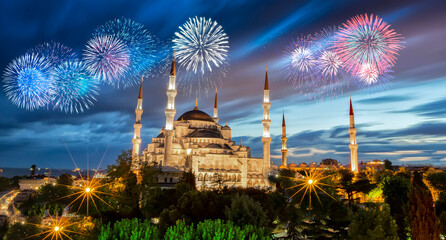 The most beautiful architectural structures and scenery of Istanbul, celebration with fireworks,...