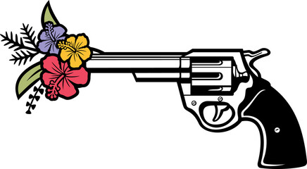 Revolver and flowers color png illustration