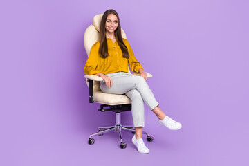 Fototapeta premium Full length photo of hr sit wear blouse trousers shoes isolated on purple color background