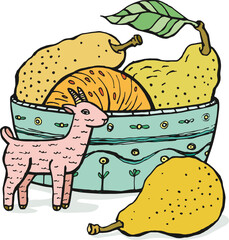 Colored hand drawn doodle graphic drawing, still life of a ceramic figurine of a goat, a bowl with pears and a leaf. Picture for home wall decor, vector illustration, isolated on background.