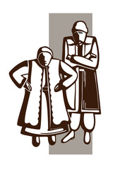 Stylized grandfather and grandmother in traditional Slavic clothes
