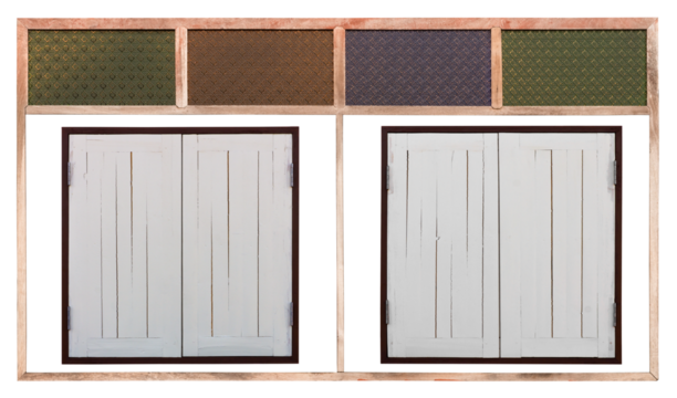 Isolates, wooden window frames and colorful glass, ancient patterns with small panels overlap inside.