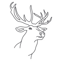 Forest deer vector illustration. Black outline line art silhouette stag on white background. Elegant horned buck