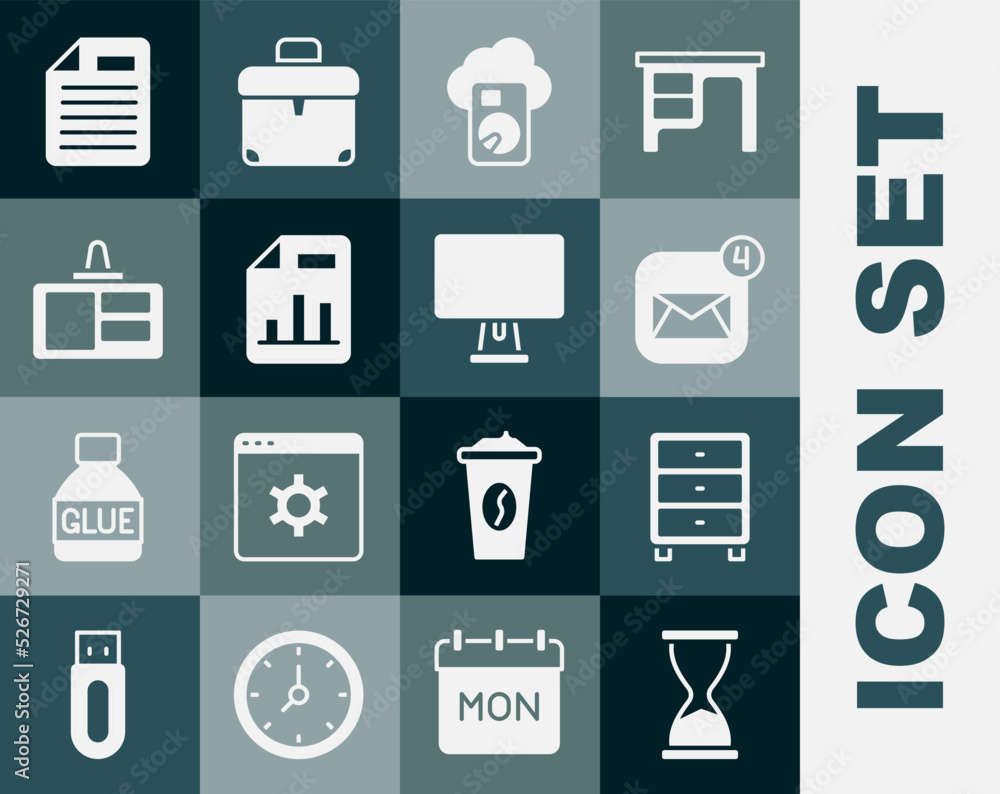 Poster set old hourglass, archive papers drawer, envelope, cloud database, document with graph chart, ident