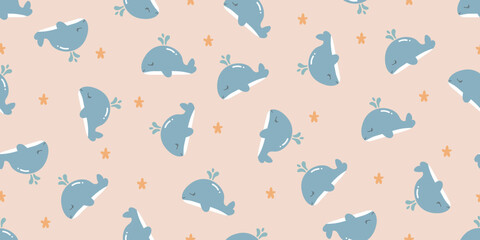 Fototapeta na wymiar Cute baby whale pastel fabric clothes doodle art pattern