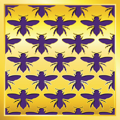 Silhouettes_of_pSilhouettes of purple bees are arranged in a geometric pattern on a golden backgroundurple_bees