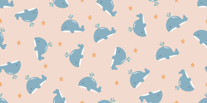 Cute baby whale pastel fabric clothes doodle art pattern