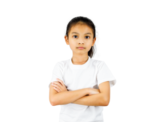 Asia little girl standing with folded arms isolated on white background with clipping path.