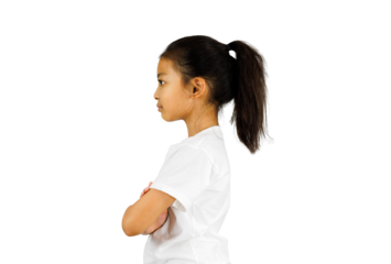 Asia little girl standing with folded arms isolated on white background with clipping path.