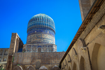 Magnificent View to the Oriental and Mosaic Bibi-Khanym Mosque in Samarkand, Uzbekistan