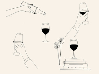 Collection with Line Drawing Woman Hand Silhouette holding Wine Bottle and Full Wine Glass Vector illustration. Minimalist Fashion Line Art for print, poster, wall art, craft, design