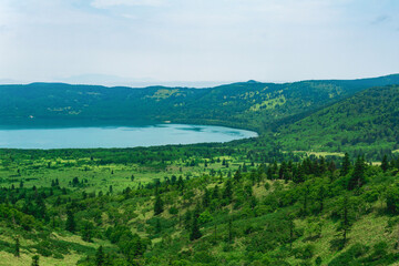 Fototapeta na wymiar view of the Golovnin volcano caldera with hot lake on Kunashir island