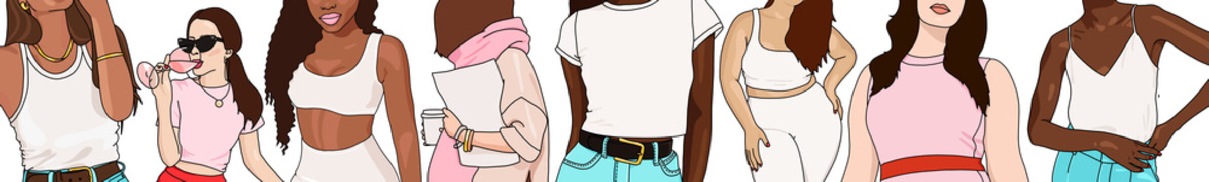 Illustration of diversity of women wearing different clothes with a variety of elements and skin colors