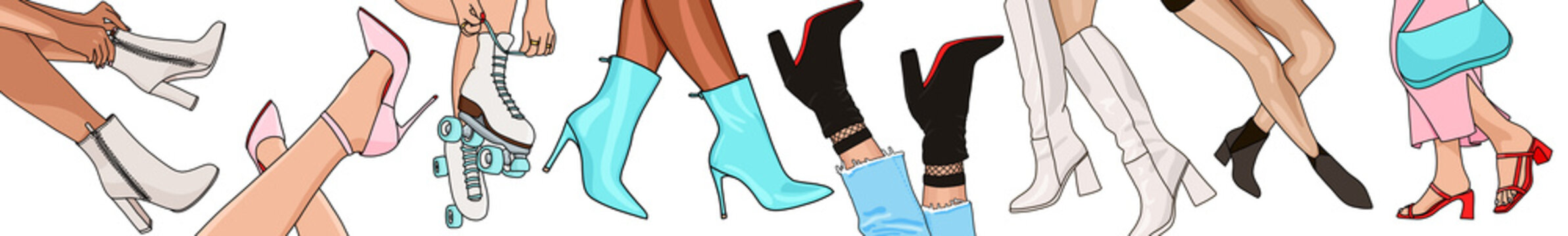 Illustration of women legs with different skin colors and shoes on a variety of poses