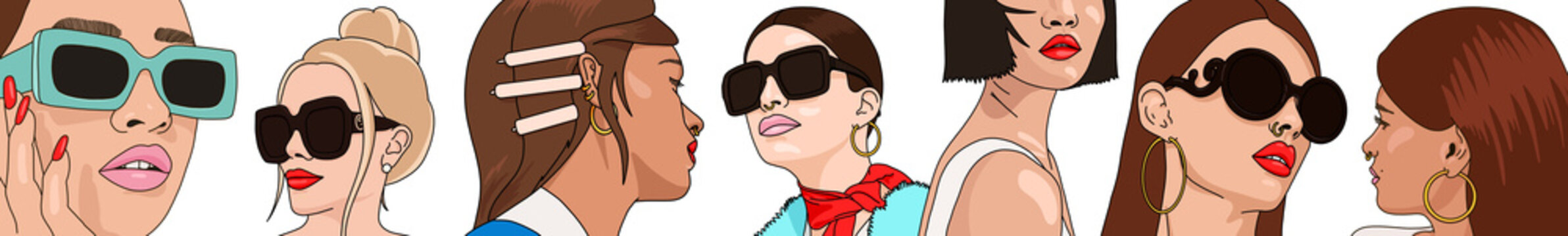 Illustration of women faces with different skin colors and hairs, wearing sunglasses and hair accessories