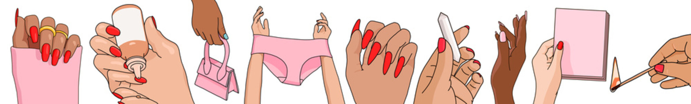 Illustration of women hands, different skin colors and nails shape, holding items