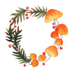 Orange mushroom with fern and red berry wreath watercolor illustration for decoration on nature and rural lifestyle concept.