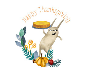 Watercolor card with a rabbit, bunny, hare, holding a pumpkin pie, in a semicircular frame of autumn leaves, coniferous twigs, mushroom and pumpkin, autumn vibes, pumpkins, watercolor texture