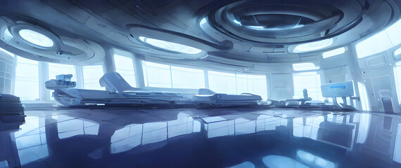 Fototapeta premium Artistic concept painting of a beautiful sci-fi futuristic hospital. Tender and dreamy design, background illustration.