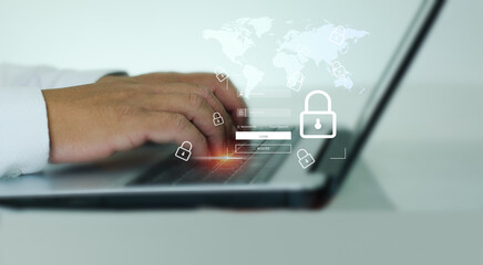 Concept of cyber security, information security. businessman with tablet in hand and touch on screen and encrypt virtual lock screen icon. Digital  secure Internet access, cybersecurity