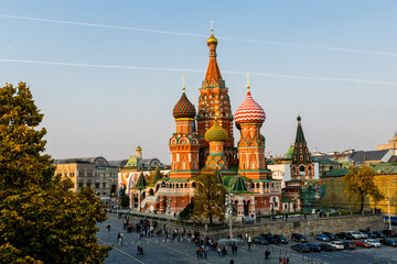 Obraz premium Red Square in Moscow with St Basils Cathedral temple. Panoramic view from Kremlin wall and tower