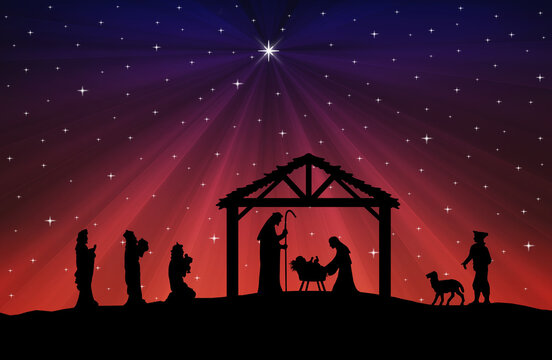 Christmas Nativity Scene black silhouette on blue-red background