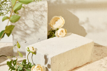 Romantic background with concrete podium and flower for product presentation. Spa product mockup....