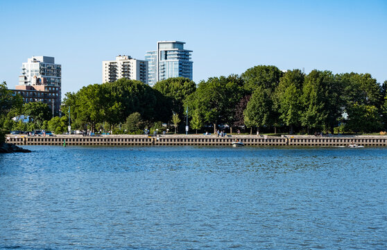 Port Credit Waterfront Lined with Trees, Condominiums and Apartment Buildings