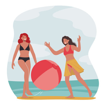 Tanned Girls in Bikini Playing with Big Inflatable Ball during Summertime Vacation. Young Females Spend Time on Beach