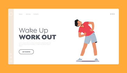 Boy Doing Morning Exercises Landing Page Template. Wellness, Sport and Health Concept. Teenager Workout, Strong Kid
