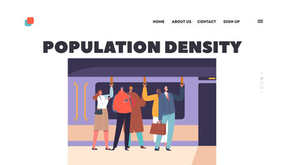 Population Density Landing Page Template. Subway Train Interior with People. Characters in Underground Metro