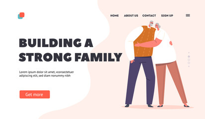 Building a Strong Family Landing Page Template. Happy Aged Couple Hug. Elderly Characters Love, Old Man and Woman Date