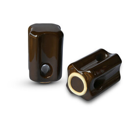 Ceramic strain spool insulator, electric clamp isolated on white background.