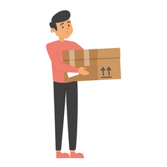 Man holding a box. Person working as a courier, delivery service. Brown package, idea of transportation.