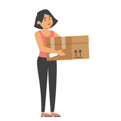 Woman holding a box. Person working as a courier, delivery service. Brown package, idea of transportation.