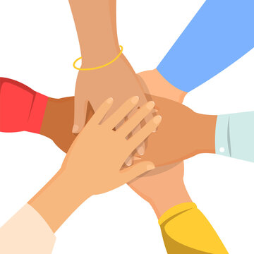 Group of people hold hand together. Concept of teamwork and partnership. Unity and cooperation.