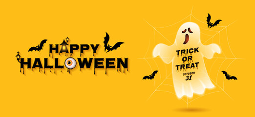 happy halloween trick or treat banner template ghost, bats and spider web on yellow background decoration for poster, web, coupon, flyer and card vector illustration