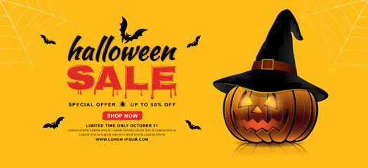happy halloween sale trick or treat banner template pumpkin with witch hat, bats and spider web on yellow background decoration for poster, web, coupon, flyer and card vector illustration