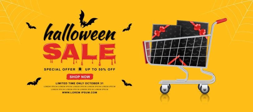 happy halloween sale trick or treat banner template shopping cart with gift boxes, bats and spider web on yellow background decoration for poster, web, coupon, flyer and card vector illustration